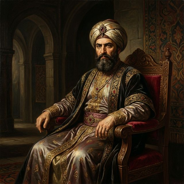 Historical portrait painting of Sabuktigin — 10th century Ghaznavid founder wearing ornate royal robes and turban, known for initiating the raids that opened India to centuries of devastation