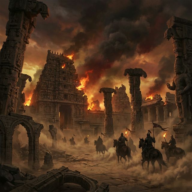 Dramatic depiction of ancient Indian Hindu temple in ruins — crumbling ornate stone pillars, fire and smoke rising, dark atmospheric sky with amber and crimson tones, representing the devastation wrought by Sabuktigin's raids on India's sacred heritage